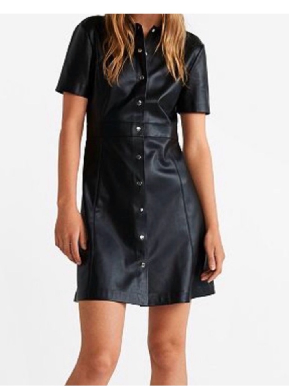 MNG Black Faux Leather Button-Front Short Sleeve Dress